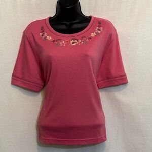 C-64 Koret Pink Embroidered‎ & Lace Detail Short Sleeve Pullover Blouse Size L